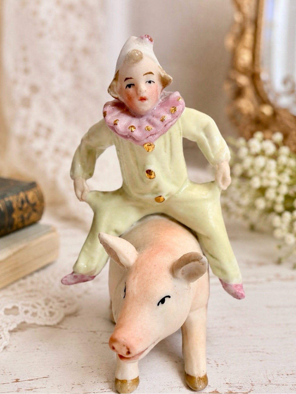 Vintage Bisque Porcelain Figurine: Pierrot Clown Riding a Pig